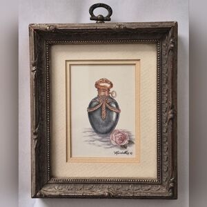 Hand-Colored Perfume Bottle Art Print in Blue and Gold by